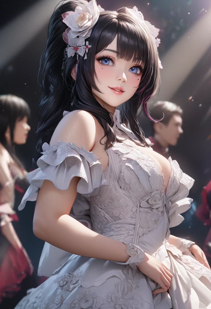 One Girl、Looking at the audience、Her name is Mei, 
Beautiful Blue Eyes、Black hair、Pink streaked hair, bangs, Mole under the eye、Plump and glossy lips、Heart-shaped choca、Idol、smile、ー、。.。.。.。.。.。.。.。.。.。.。.。.。.。.。.。.。.。.3D、Realistic、
Sexy dress with too many frills、Drape clothes、gem、The decoration has been removed、Floral、Lace trim、bright stage、
masterpiece、highest quality、8k、Detailed skin texture、Detailed cloth texture、Beautifully detailed face、Intricate details、Very detailed、
超A high resolution、8K Ultra HD、Film Grain、Best Shadow、delicate、Staring at the audience、front