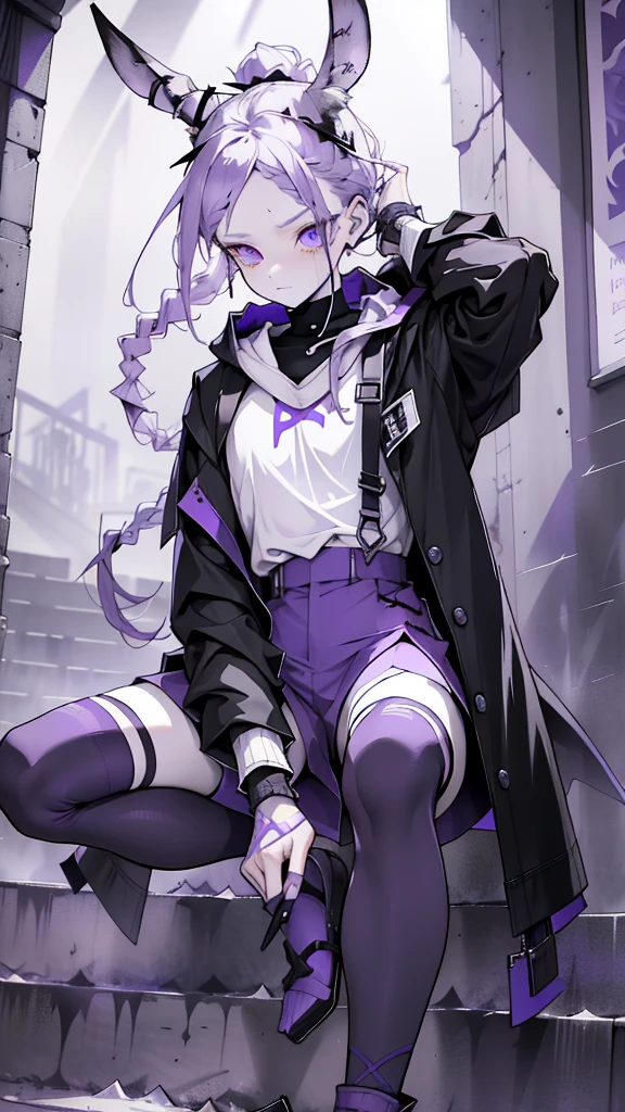 boy rabbit thoughtful look open forehead. white and purple hair braided in a ponytail on the left side to one side. sinuous black horns wrapped in dark purple ribbon. pale violet eyes. in short dark purple shorts. long white T-shirt. dark purple knee-high socks. white long coat with hood. black limit stone walls purple light from lamps sitting on the steps