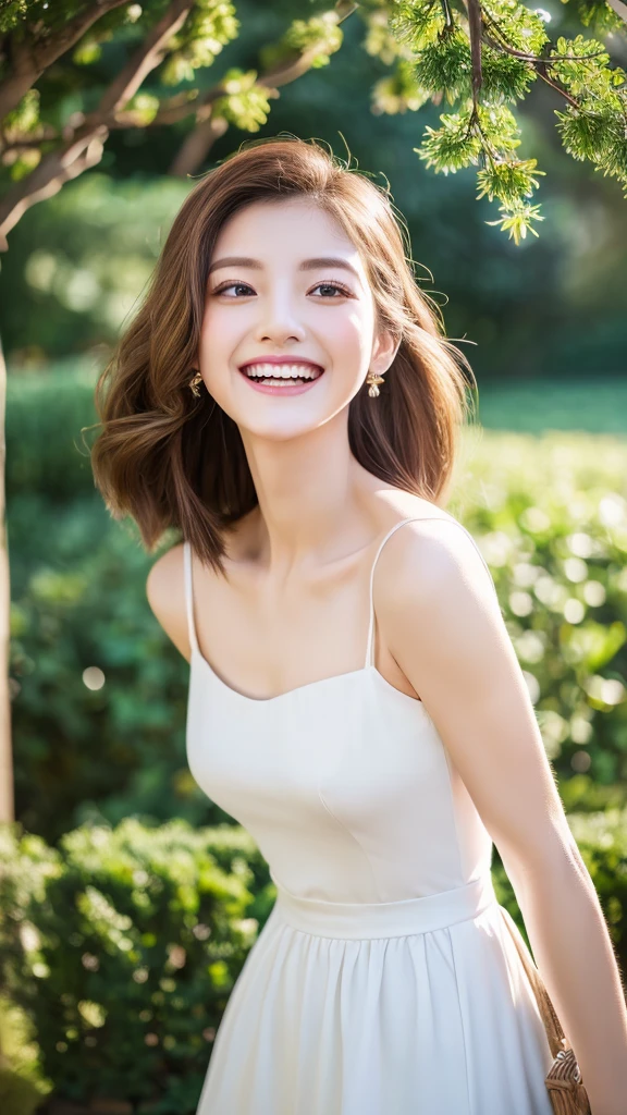 ((highest quality、8k、masterpiece:1.3))、25 year old female、Hairstyle Casual Ultra Slim Face、delicate eyes、double eyelid、laughter、hort hair、feminine、modern fashion、whole body、wide angle