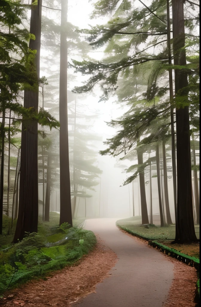 a view of a path through a dense forest in the fog, a matte painting by Tadashige Ono, flickr, romanticism, in a foggy redwood forest, misty forest, foggy jungle, eerie jungle, foggy forest, eerie!!! atmosphere, ancient forest like fanal forest, in the foggy huge forest, ominous and eerie forest, misty woods, beautiful and mysterious