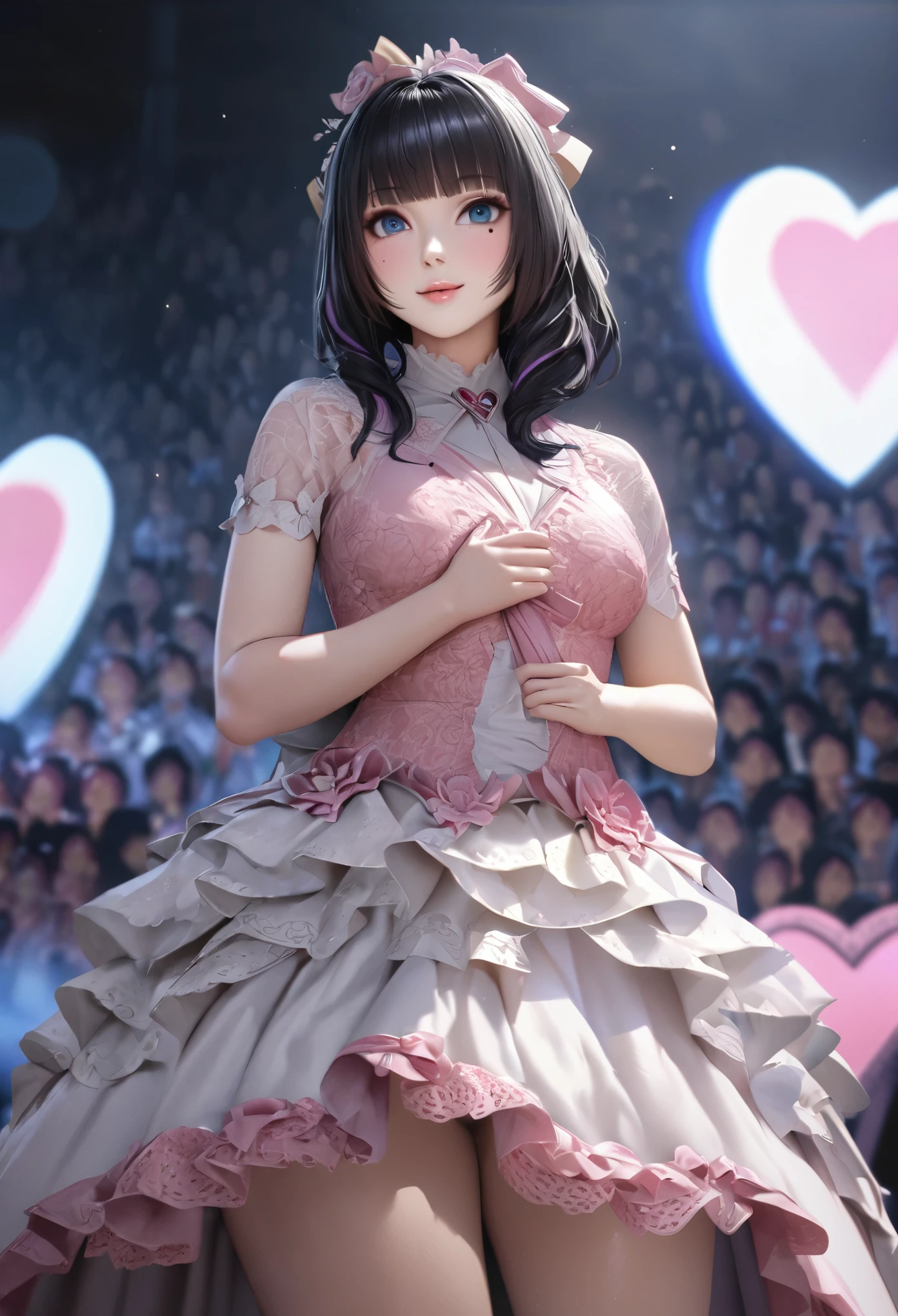 One Girl、Looking at the audience、Her name is Mei,
Beautiful Blue Eyes、Black hair、Pink streaked hair, bangs, Mole under the eye、Plump and glossy lips、Heart-shaped choca、Idol、smile、ー、。.。.。.。.。.。.。.。.。.。.。.。.。.。.。.。.。.。.3D、Realistic、
Sexy dress with too many frills、Drape clothes、gem、The decoration has been removed、Floral、Lace trim、bright stage、
masterpiece、highest quality、8k、Detailed skin texture、Detailed cloth texture、Beautifully detailed face、Intricate details、Very detailed、
超A high resolution、8K Ultra HD、Film Grain、Best Shadow、delicate、Staring at the audience、front