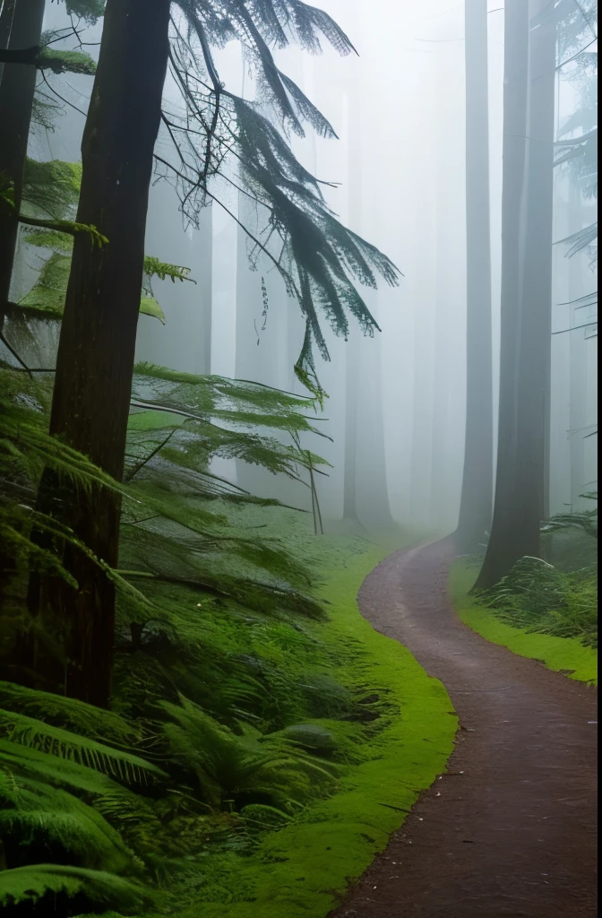 a view of a path through a dense forest in the fog, a matte painting by Tadashige Ono, flickr, romanticism, in a foggy redwood forest, misty forest, foggy jungle, eerie jungle, foggy forest, eerie!!! atmosphere, ancient forest like fanal forest, in the foggy huge forest, ominous and eerie forest, misty woods, beautiful and mysterious