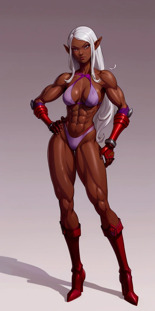 Full body toe to head 1solofemale drow elf purple grey dark skin standing pose yellow bikini, 2legs, 2arms, muscle abs toned, slender body, long silver white hair, purple eyes, hands on hips red gloves gauntles, red military boots ((plain background))