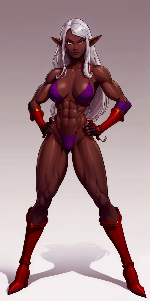 Full body toe to head 1solofemale drow elf purple grey dark skin standing pose yellow bikini, 2legs, 2arms, muscle abs toned, slender body, long silver white hair, purple eyes, hands on hips red gloves gauntles, red military boots ((plain background))