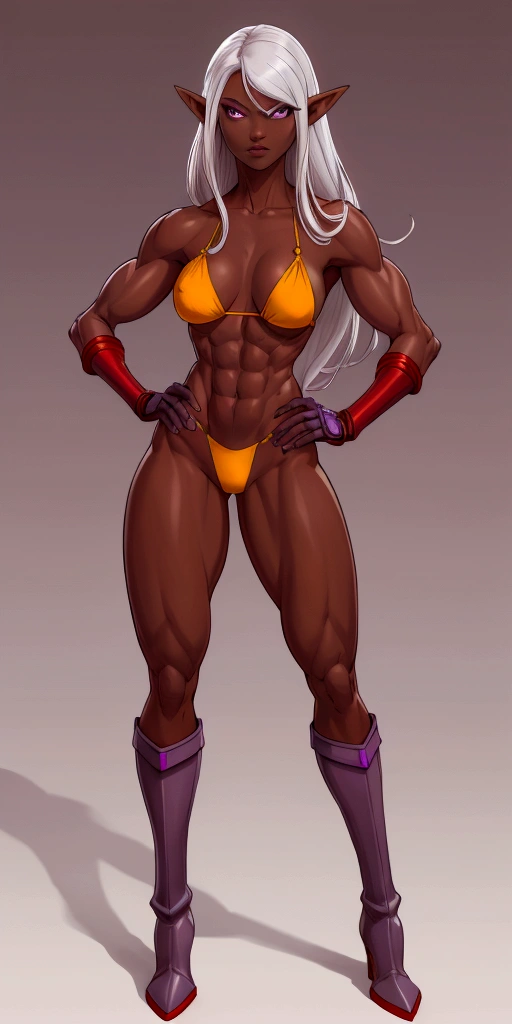 Full body toe to head 1solofemale drow elf purple grey dark skin standing pose yellow bikini, 2legs, 2arms, muscle abs toned, slender body, long silver white hair, purple eyes, hands on hips red gloves gauntles, red military boots ((plain background))
