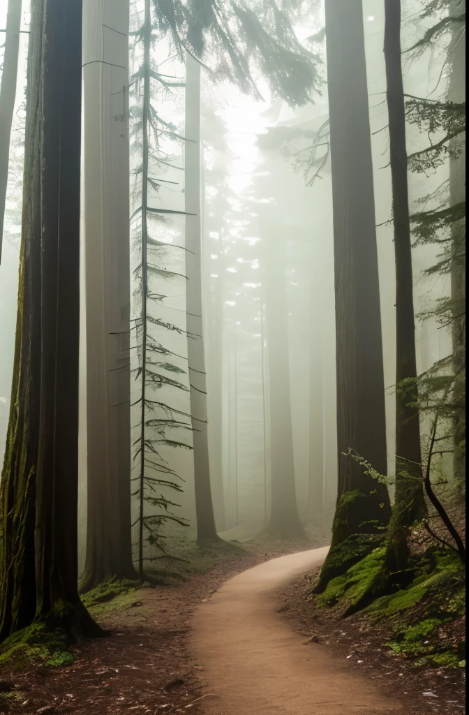 a view of a path through a dense forest in the fog, in a foggy redwood forest, misty forest, foggy jungle, eerie jungle, foggy forest, eerie!!! atmosphere, ancient forest like fanal forest, in the foggy huge forest, ominous and eerie forest, misty woods, beautiful and mysterious, in a foggy forest, on a misty forest