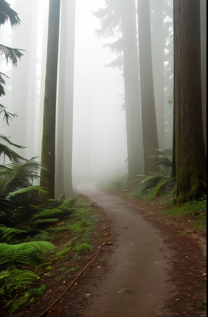 a view of a path through a dense forest in the fog, in a foggy redwood forest, misty forest, foggy jungle, eerie jungle, foggy forest, eerie!!! atmosphere, ancient forest like fanal forest, in the foggy huge forest, ominous and eerie forest, misty woods, beautiful and mysterious, in a foggy forest, on a misty forest