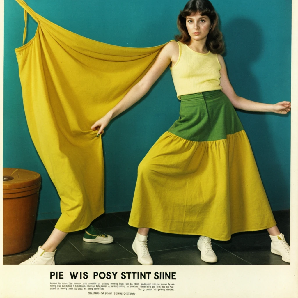 1970's fashion advertisement, 20 year old woman, ((pee stain, peeing self)), (pee), looking at viewer