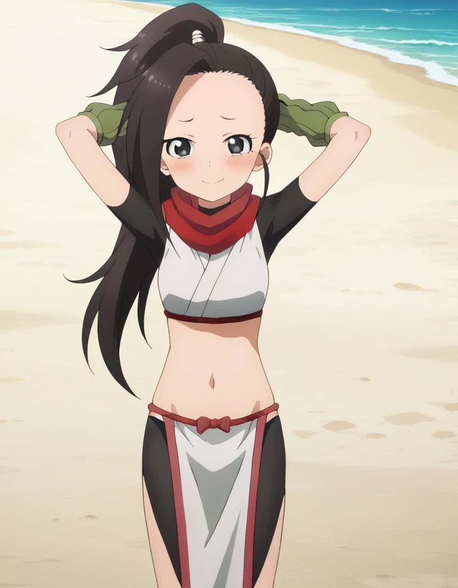  anime coloring, anime screencap, source_anime, anime,uncensored ,BREAK1girl,kunotsubaki, black eyes, black hair, long hair, asymmetrical bangs, forehead, high ponytail, ponytail,shirt, navel, red scarf, scarf short sleeves, pelvic curtain, shorts, green gloves, arm warmers, fingerless gloves, sandals, BREAK,  high quality, solo, 1girl, night sky, beach, arms behind head, contrapposto, closed mouth, spread armpits, (cowboy shot:1.5), looking at viewer, nervous, smile, best quality, blushing, spread legs,