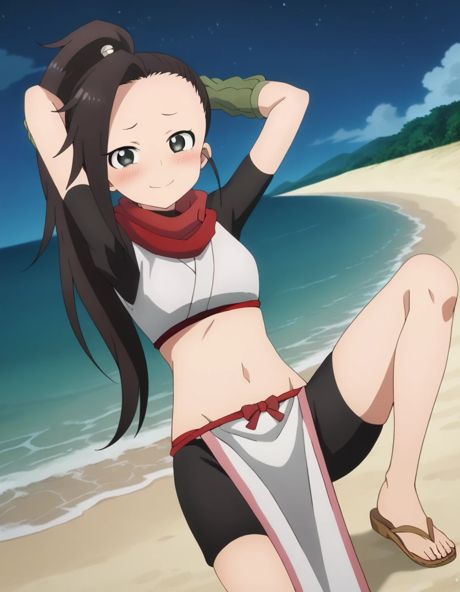  anime coloring, anime screencap, source_anime, anime,uncensored ,BREAK1girl,kunotsubaki, black eyes, black hair, long hair, asymmetrical bangs, forehead, high ponytail, ponytail,shirt, navel, red scarf, scarf short sleeves, pelvic curtain, shorts, green gloves, arm warmers, fingerless gloves, sandals, BREAK,  high quality, solo, 1girl, night sky, beach, arms behind head, contrapposto, closed mouth, spread armpits, (cowboy shot:1.5), looking at viewer, nervous, smile, best quality, blushing, spread legs,