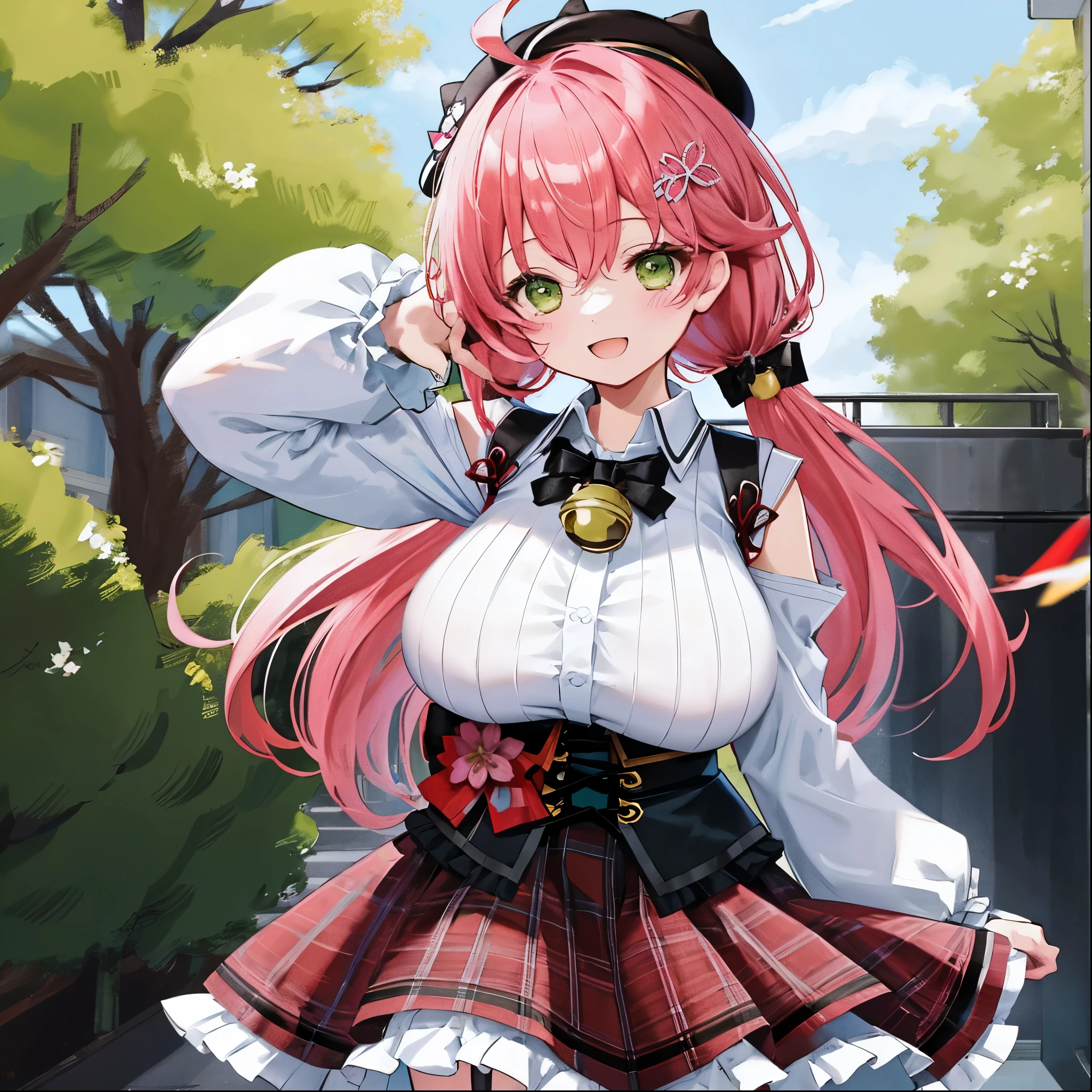 masutepiece, Best_Quality, hight_resolution, miko2,Ponytail, 1girl, Green eyes, Ahoge, black headwear, Hair Ornament, White shirt, black thighhighs, Pink hair, Red_skirt, very_short_skirt, plaid skirts, garter_strap, Collared shirt, hair clips, frilld, Bangs, hair between eye, frills skirt, beret, Pleated skirt, Hair Flower, Neck bell, , puffy long sleeves, Black bow, Underbust, Cowboy Shot,Smile, (gigantic_breasts:1.3),covered_nipples, covered_pussy,close_eyes, happy, childlike_posing,spread_legs,smile,cherryblossom_background,