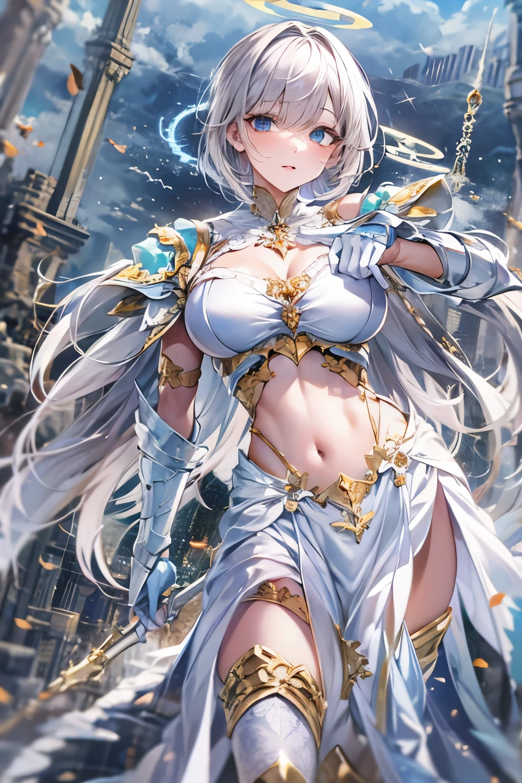 fantasy, 1angel_girl,very_young_, ,silver_hair, short_hair, long_bangs, halo,bare_shoulder,thighhighs,silver_armor, waist_armor, large_breasts,half_eyes,1pair_wings, dynamic_pose_fighting,floating, bare_crotch, headgear,gauntlet, greaves,city_background,slightly_spread_legs, solo, groin_naked,tan_skin,hair_over_one_eye,