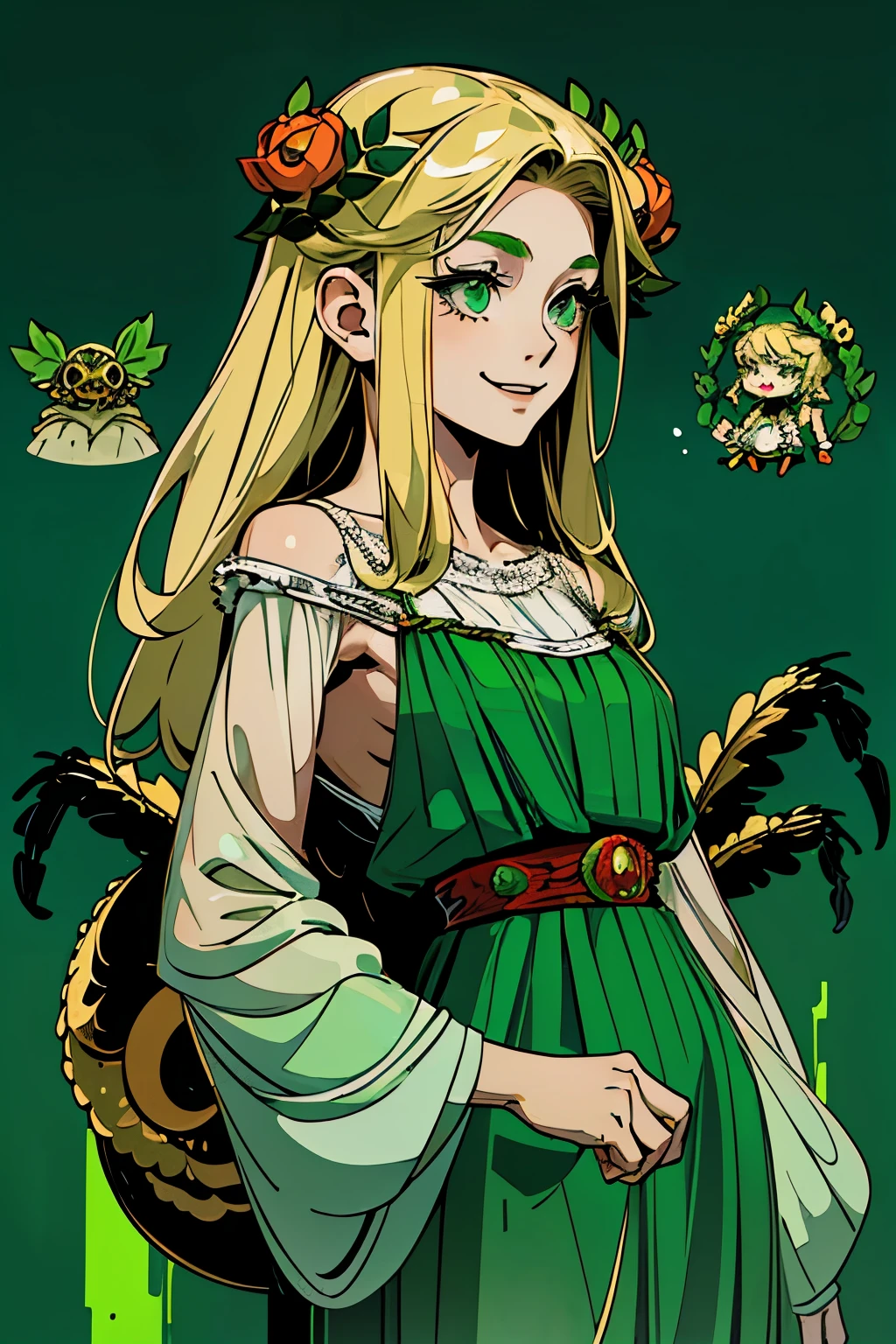 1girl, young, , 6 years i, komusume, blonde long hair, green clothes, green eyes, innocent expresion, smiling, arachnid style, background filled with insects, Tartarus scenery, in Tartarus, surrounded by greek columns, main character, hades style, Arachne, spider legs coming from her back