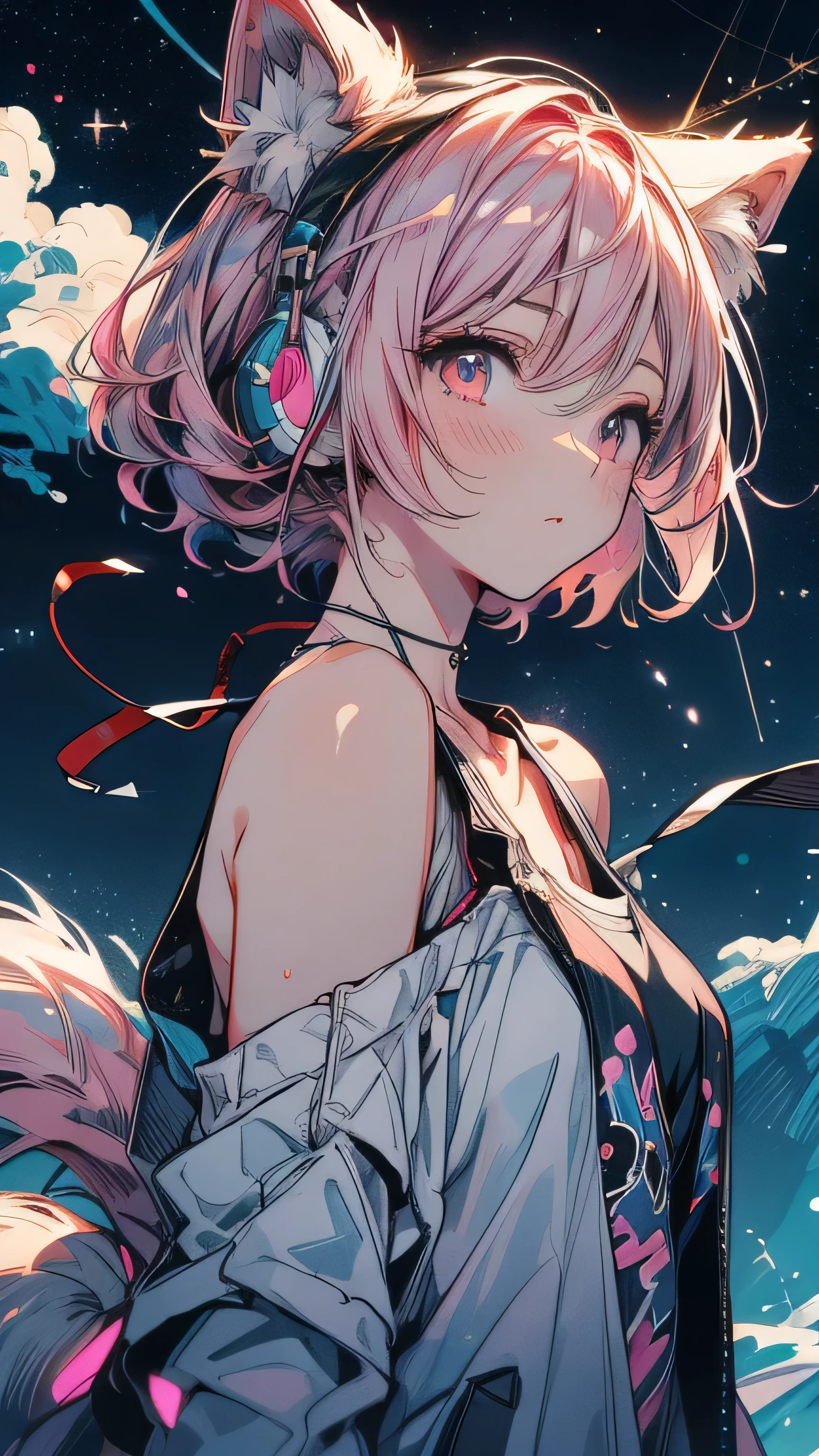 Pink Hair,Wearing a white tank top,Light clothing in summer,night starry sky background,Sad expression,Double Tail,headphone,night,moon,Star,meteor,Looking up at the stars,Full moon,Many Stars,milky way