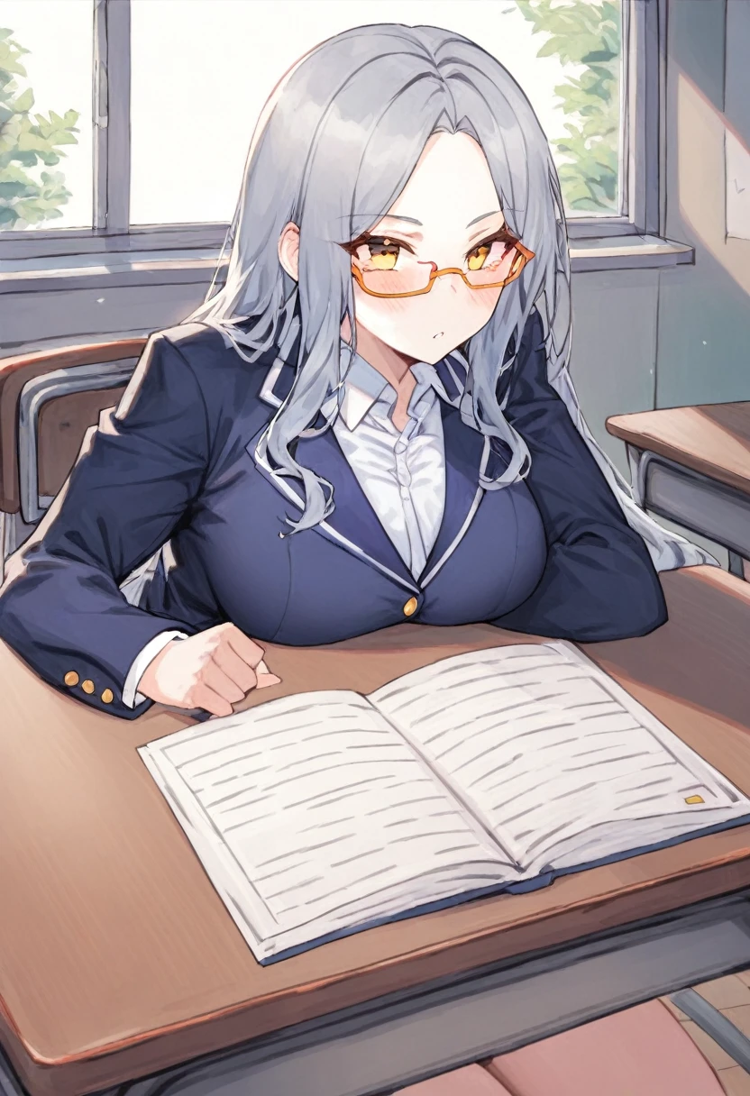 score_9, score_8_superior, score_7_superior, score_6_superior,masterpiece,Highest quality,High resolution,One girl,classroom,View through the table,study,Shangri-La,Very long hair,Grey Hair,Yellow Eyes,(Parted bangs:1.5),amount,Semi-rimless eyewear,Large Breasts,,blazer,blush,