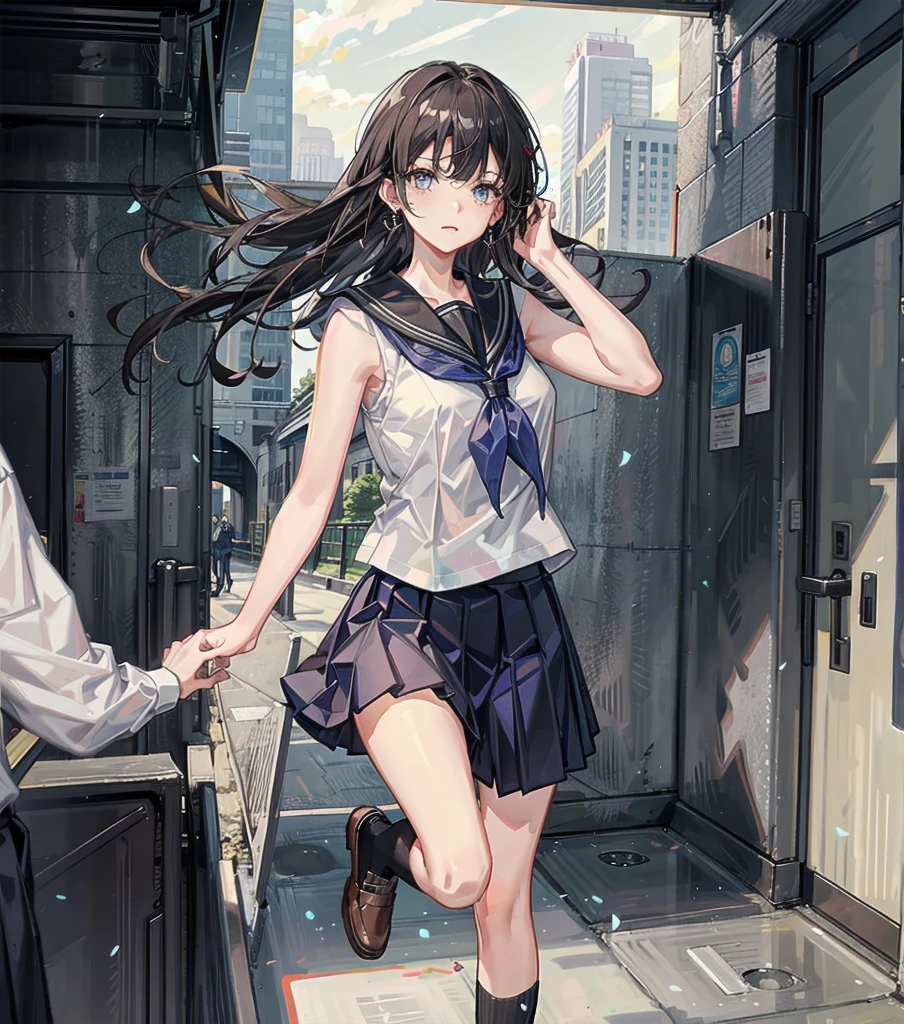 full body, earring, medium hair, medium tits, tearful mole, school_uniform, sailor uniform, sleeveless, school, classroom,