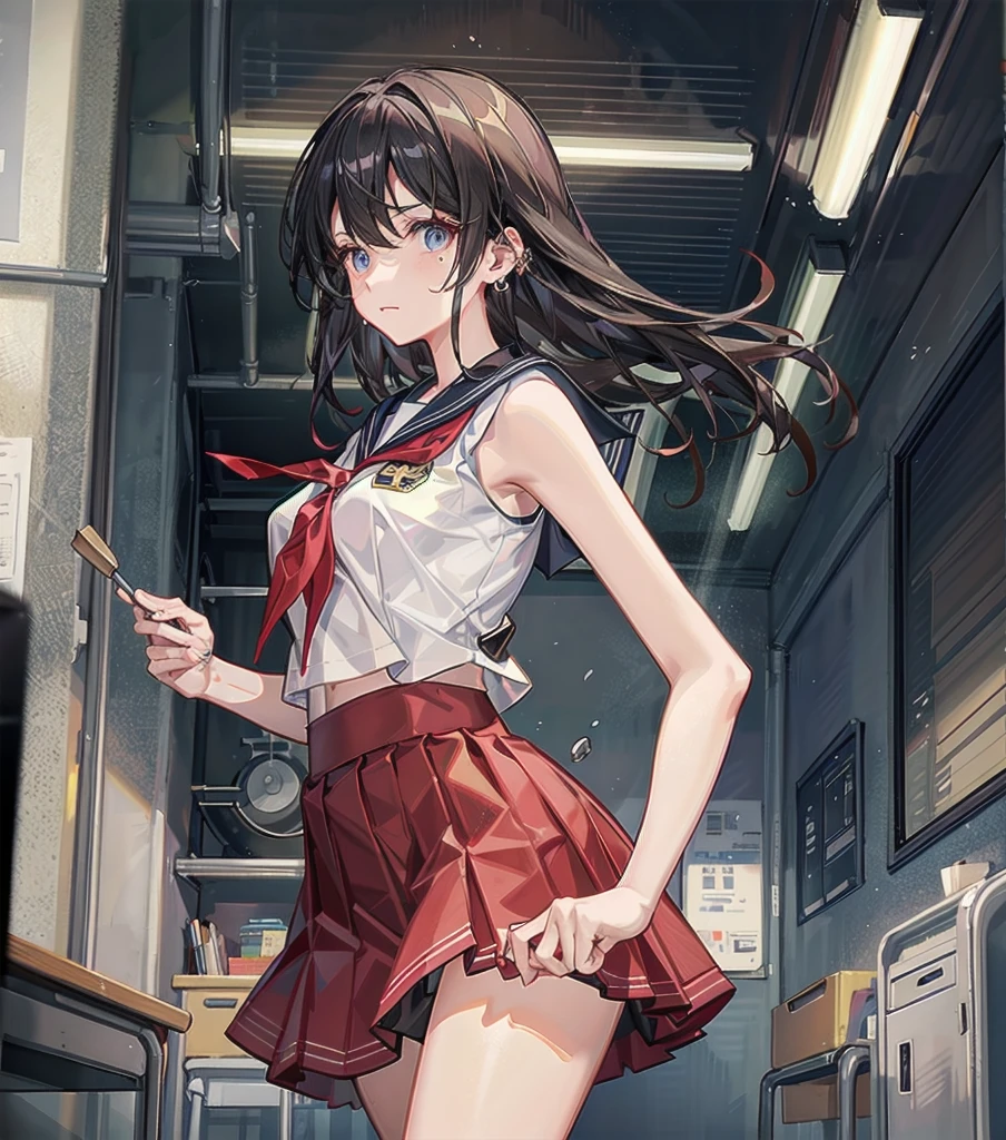 full body, earring, medium hair, medium tits, tearful mole, school_uniform, sailor uniform, sleeveless, school, classroom,