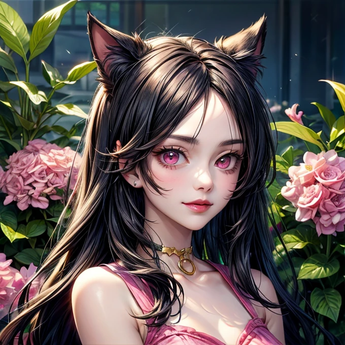 1 hybrid cat woman of 30 years old, {{{very long messy black hair}}}, {{{pink eyes}}}, {{{pink dress}}}, pink and gold choker, small smile, in a flower garden, {best quality.}, {highreaasterpiece.}, {{{medium close up.}}}, {facing viewer}