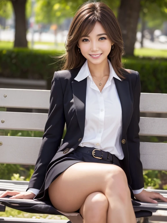 Tabletop, Highest quality, Realistic, Very detailed, finely, High resolution, 8k wallpaper, 1. Beautiful woman,, Light brown messy hair, Wearing a business suit, Short harp focus, Perfect dynamic composition, finelyて美しい目, Thin Hair, Detailed and Realistic skin texture, smile, Model Body Type、Beautiful feet、Park bench、smile、