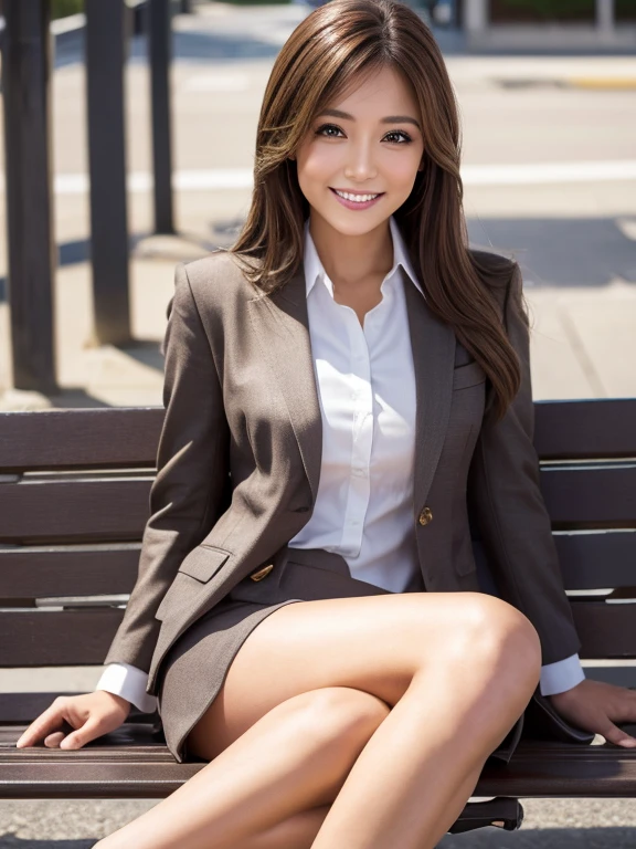Tabletop, Highest quality, Realistic, Very detailed, finely, High resolution, 8k wallpaper, 1. Beautiful woman,, Light brown messy hair, Wearing a business suit, Short harp focus, Perfect dynamic composition, finelyて美しい目, Thin Hair, Detailed and Realistic skin texture, smile, Model Body Type、Beautiful feet、Park bench、smile、