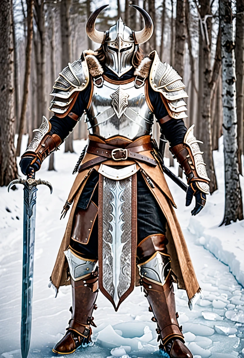 a warrior wearing light brown leather armor with tusks wielding a dual sided sword made of steel covered in ice