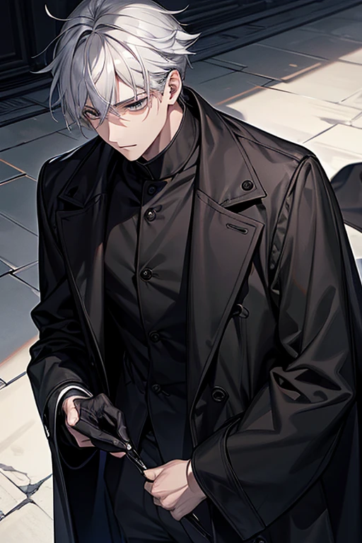 masterpiece, best quality, face detail, alone, 1 male, gray hair, black eye, black coat, black shirt, boy, hyundai, abandoned cathedral