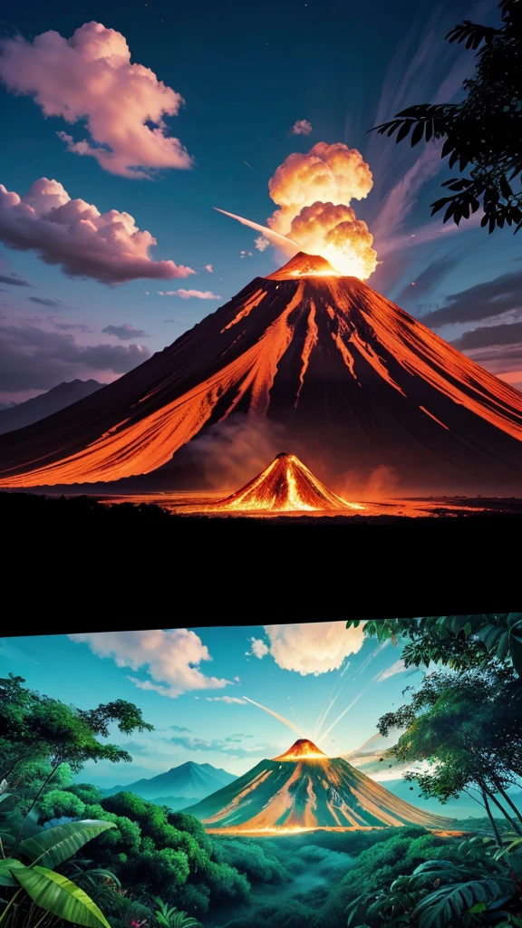 Create a realistic natural volcano in a jungle and a mysterious colourfull sky