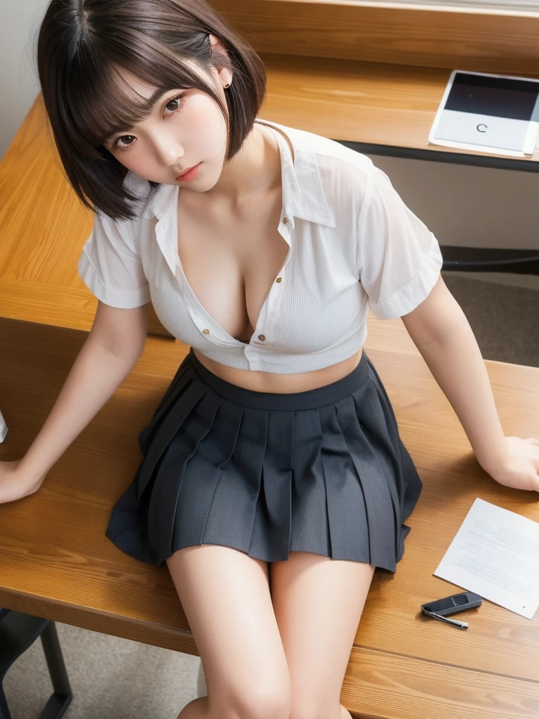 (8k, Photorealistic, Raw photo, Highest quality: 1.4),Japanese idol-style beautiful girl,1 person,,Hairstyle(Short Bob,Black,Unshaven),She has her hair tucked behind her ears,Large, clear grey eyes,Long eyelashes,Plump Cheeks,Thin and delicate shoulders,Cute Bra,thin abdomen,Open shirt(Unbutton the front and open it all the way..5,Hemming out),(Pleated skirt),School classroom,(Get on the desk(sitting cross-legged :1.55,both hands on the feet,slouch)),(View from below :1.4),Full body portrait