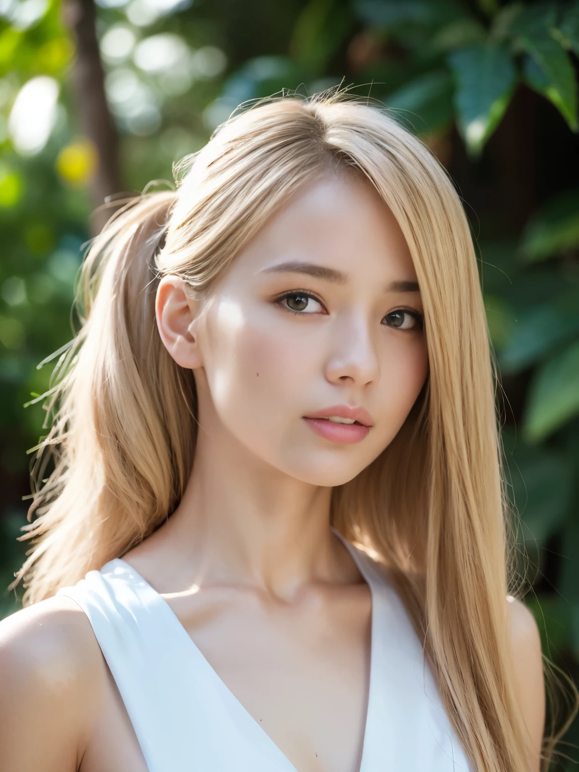 RAW photos, ((((Portrait of extreme beauty))), (((Radiant white beautiful skin)), 1 girl,  pretty beautiful girl, ((blonde of bright various colors with glossy)), disheveled hair, hair hanging in front of the face and clinging, [Attractive whitish blue eyes], silky fine hair, ponytail, eyeliner, bangs, hair between the eyes, fluttering hair, a little smile, ((masterpiece, top quality, Ultra detail, film light, complex detail, high resolution, 8k, very detail)), detailed background, 8k uhd, dslr, soft light, high quality, film grain, fujifilm XT3, shallow depth of field, natural light, (perfect hands), sexy and perfect beautiful face, small breasts, , sheer sailor suit
