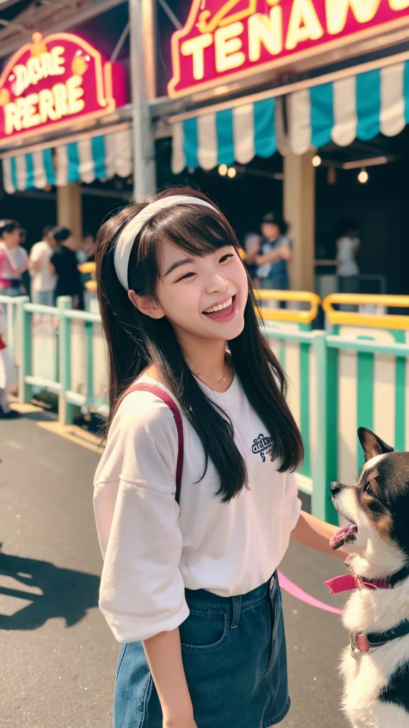 date with Kim Gyubin (zerobaseone) .
He has a black handsome hair.
He is wearing cute headband of dog
at an amusement park
She is laughing at a girl while waiting in line for the Ferris wheel.