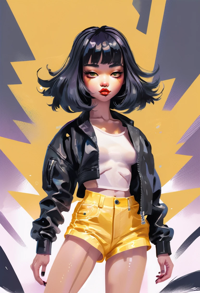 Fantasy digital watercolor painting, Photoshop Watercolor Brushes, Bad boy, One girl, cute, sneakers, whole body, [:formal, Captivating costume design,:0.2], Official Art, Japanese, Black Hair, Retro Wave,Ahoge, Dramatic beige lighting from below, Torn PVC shorts, Bomb Hair, Neon Goldenrod Hair, Reverse Bob, v Arms