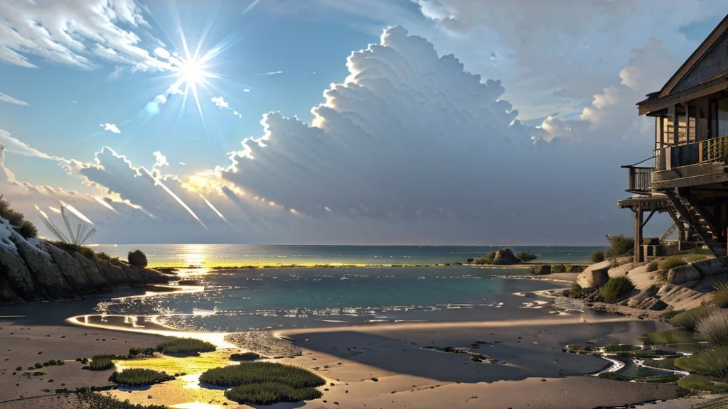 A real photographic landscape painting with incomparable reality,Expansive view,On sea surface,Stars,Sunshine,Winter,Light effect,Realistic,Denis sarazhin,artstation Realistic sunlight reduces repeated clouds