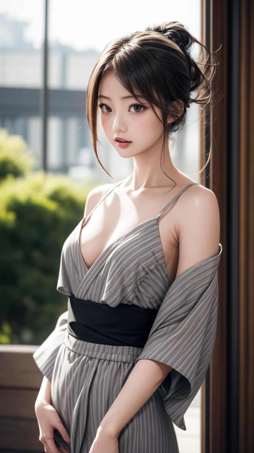 8K quality、High resolution、Realistic skin texture、High resolutionの瞳、woman、A grey yukata with the shoulders open、One-shoulder yukata、Princess Hair、thin、リアルなwoman性器、Small breasts、Realistic tongue、Gray Hair、thin脚、Wet body、Reader model、Slender model figure、Bold Pose、Shooting from below