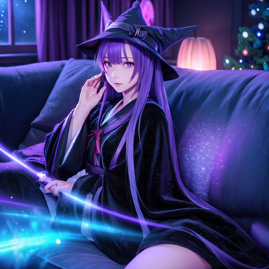 anime girl long purple hair wearing a black Robe. she has pointy ears. Witch Hat. Manga kawaii. iridescent ,An illustration, Sit on the sofa, (no background)