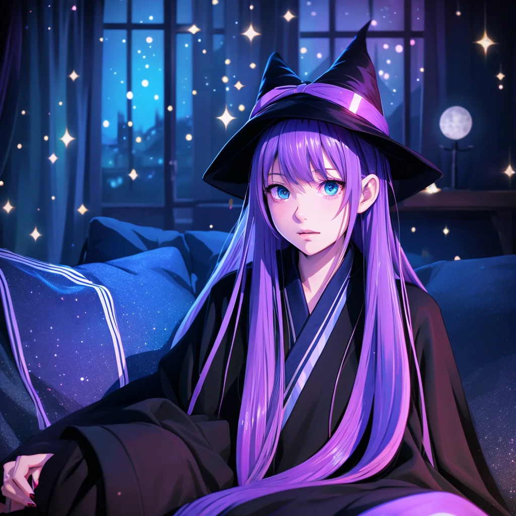 anime girl long purple hair wearing a black Robe. she has pointy ears. Witch Hat. Manga kawaii. iridescent ,An illustration, Sit on the sofa, (no background)
