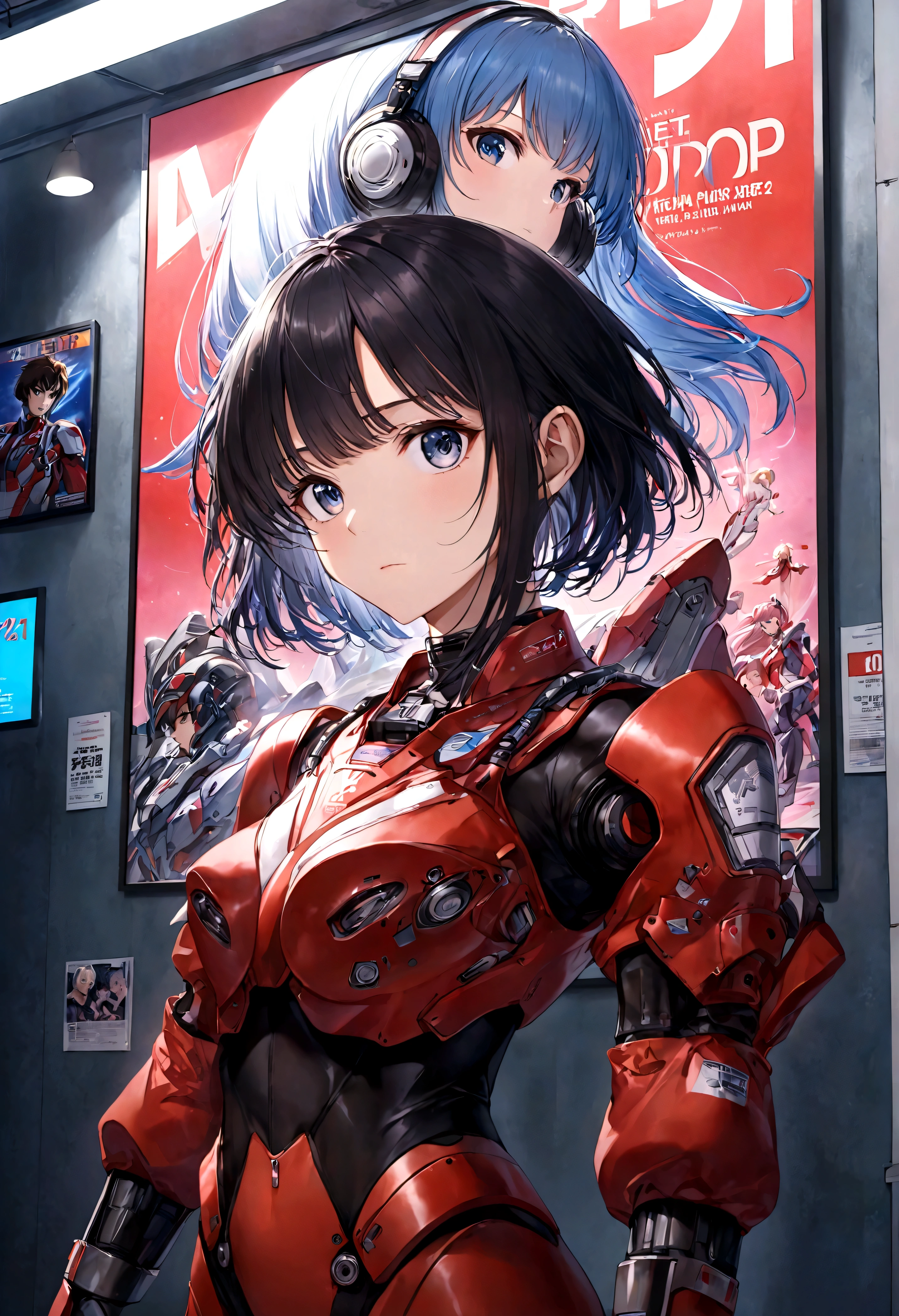 Macross Saga, (multiple subjects, extreme complexity) (subject 1:Rick Hunter (pilot suit)) and Lynn (subject 2: Minmei (j pop idol outfit)) with a Veritech fighter in robot mode standing in the background, movie poster
