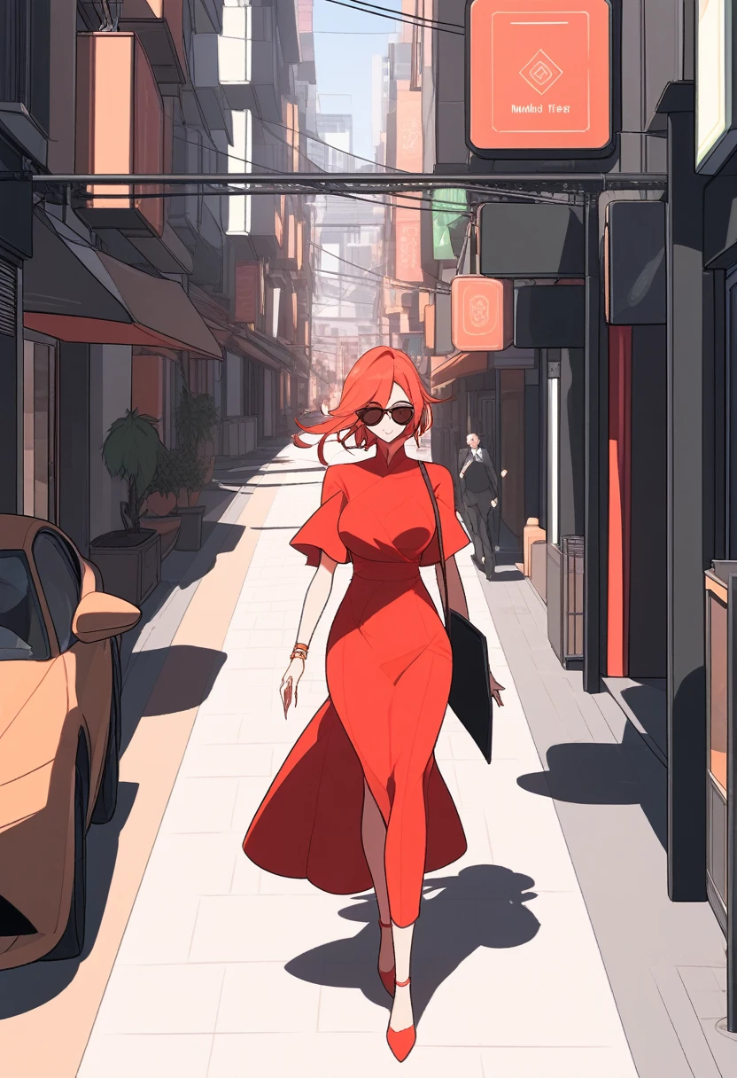 A woman with stylish sunglasses and a red dress, walking confidently down a city street. Buildings and shadows create geometric patterns around her. Malika Favre style, minimalist, bold colors, elegant, stylish.