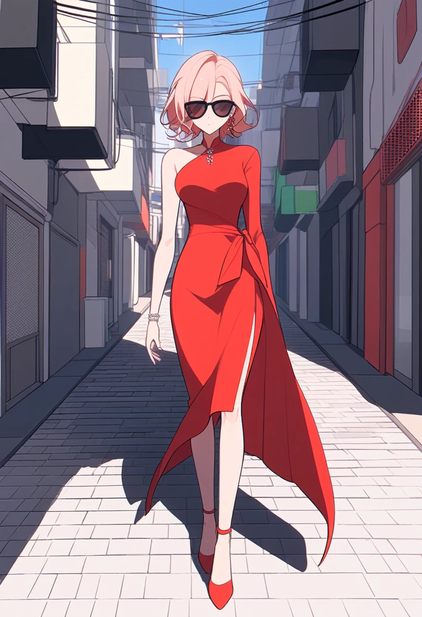 A woman with stylish sunglasses and a red dress, walking confidently down a city street. Buildings and shadows create geometric patterns around her. Malika Favre style, minimalist, bold colors, elegant, stylish.