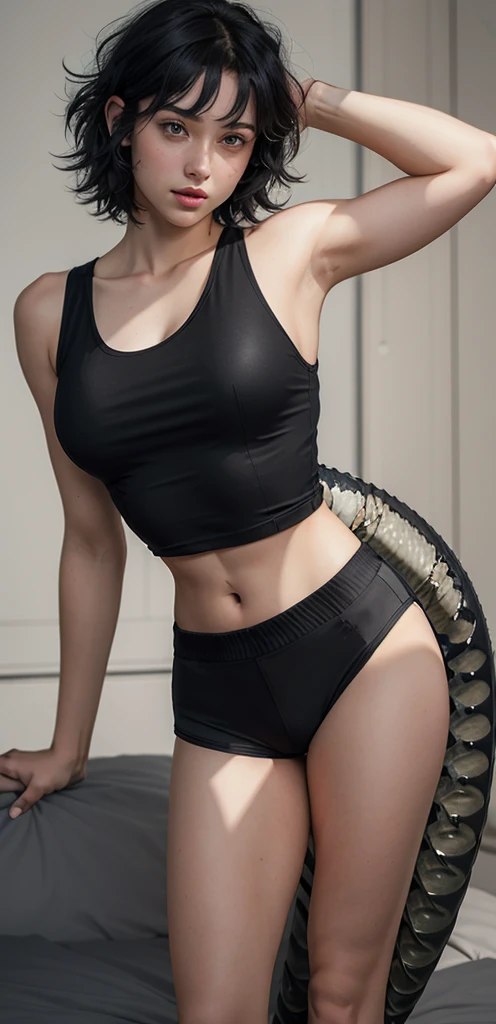 (ultra realistic, highly detailed:1.4), best quality, portrait of an 18 yo. boy, androgynous, short hair, thick black hair, bedhead, tank top, midriff, ((longtorso, ltso):1.5), tall
