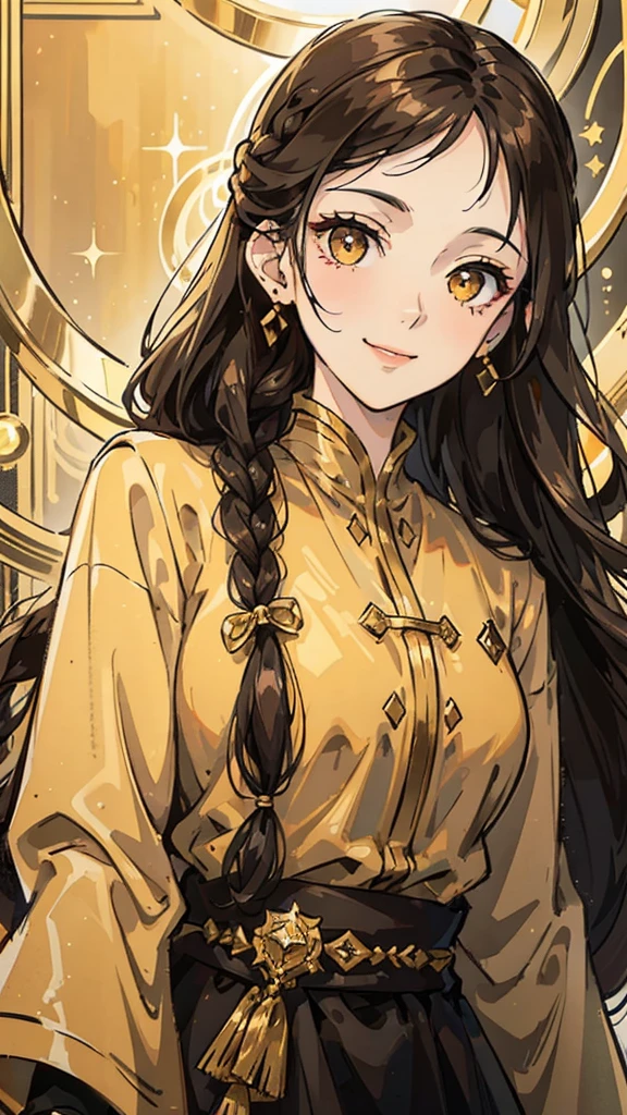 Woman , long dark brown hair, long dark brown hair , golden eyes, golden eyes, FOV, f1.8, masterpiece, front portrait shot, black and gold casual modern clothing, plain gold colored background, close up, smiling, front bangs, braid on the left side of hair
