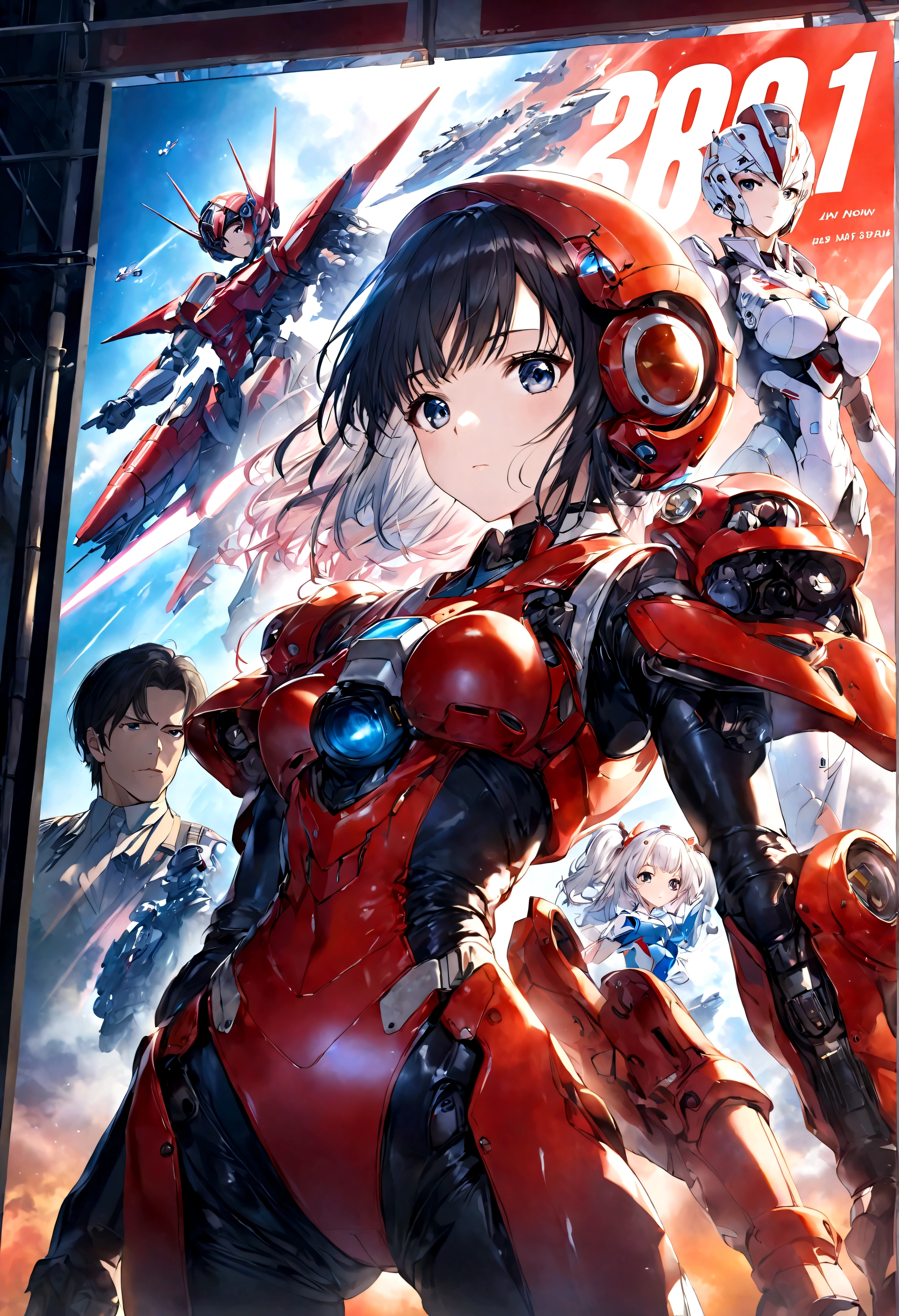 Macross Saga, (multiple subjects, extreme complexity) (subject 1:Rick Hunter (pilot suit)) and Lynn (subject 2: Minmei (j pop idol outfit)) with a Veritech fighter in robot mode standing in the background, movie poster
