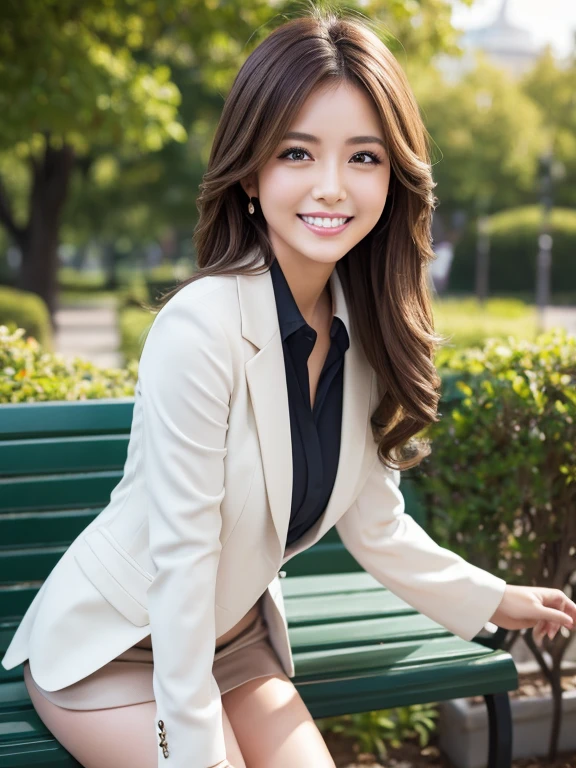 Tabletop, Highest quality, Realistic, Very detailed, finely, High resolution, 8k wallpaper, 1. Beautiful Women,, Light brown messy hair, Wearing a business suit, Short harp focus, Perfect dynamic composition, finelyて美しい目, Thin Hair, Detailed and Realistic skin texture, smile, Model Body Type、Beautiful legs、Fresh green park bench、smile、