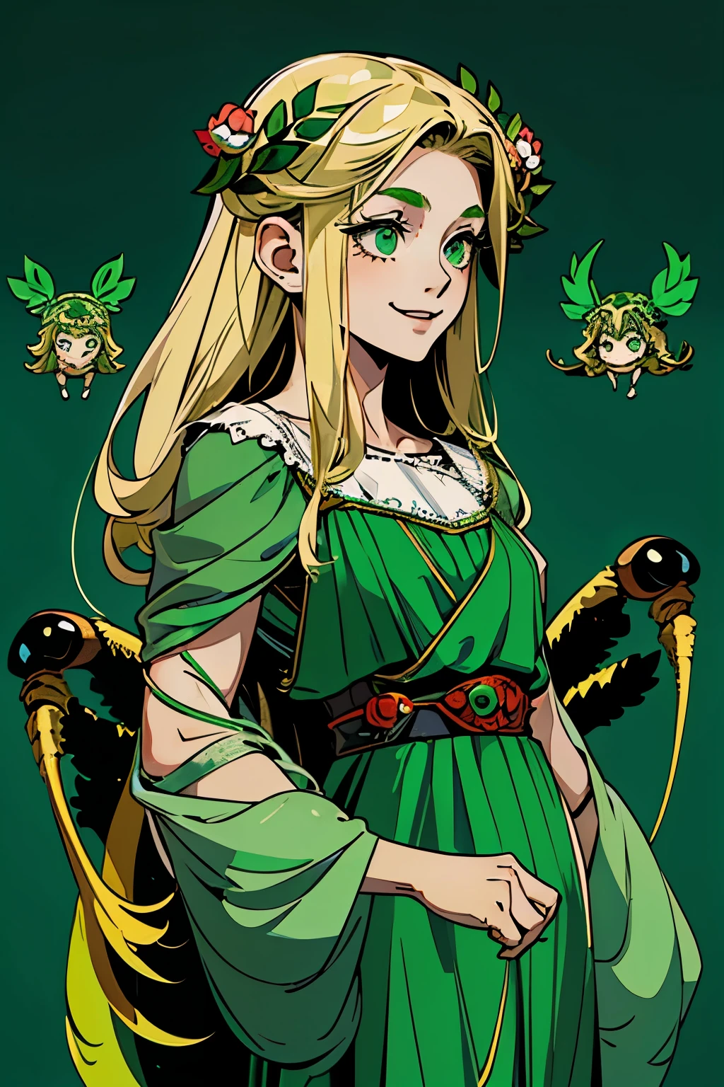 1girl, young, little, 6 years old, chibi, komusume, blonde long hair, green clothes, green eyes, innocent expresion, smiling, arachnid style, background filled with insects, Tartarus scenery, in Tartarus, surrounded by giant greek columns, main character, hades style, Arachne, spider legs coming from her back