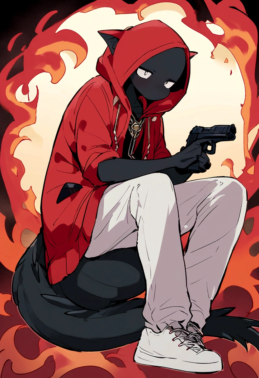 Kevin:*a monster with black skin white eyes and no visible mouth and is shy about his gun and a 12 wears a red coat with a hood black and white pants and doesn't wear sneakers because his feet have claws and he loves games and has a big, sharp tail. soft and fluffy*