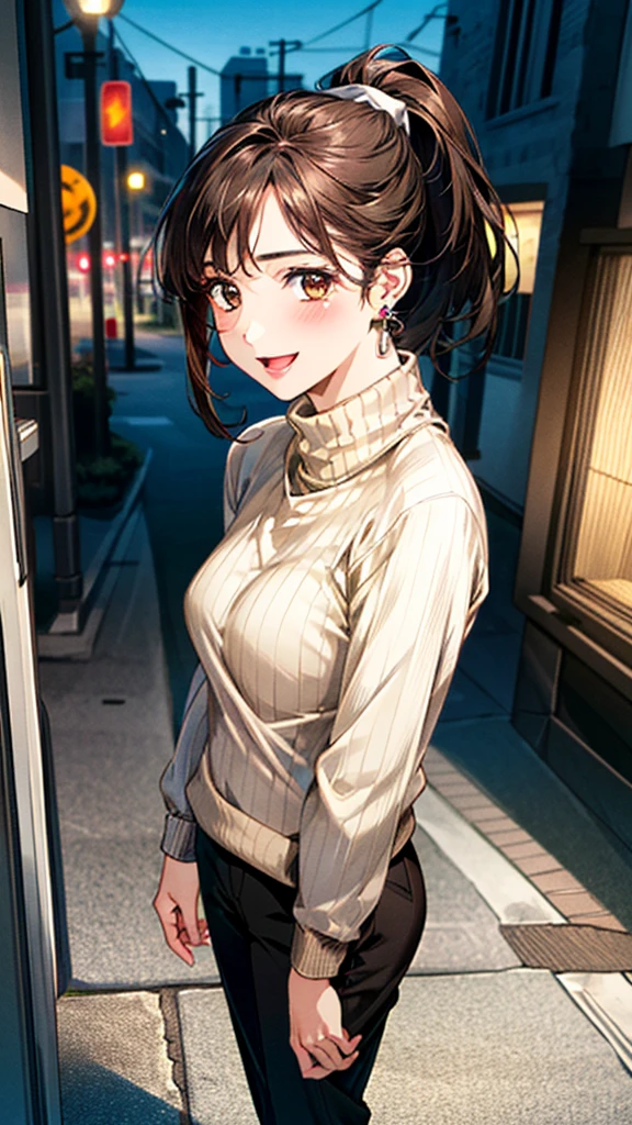 (masterpiece:1.3, Highest quality, Ultra-high resolution, Super detailed), (Realistic, photoRealistic:1.4), Beautiful illustrations, Perfect lighting, colorful, Depth of written boundary,
Beautiful detailed hair, Beautifully detailed face, Beautiful fine details, Beautiful clavicle, Beautiful body, Beautiful breasts, Beautiful thighs, Beautiful feet, Beautiful fingers,
View Viewer, Front view:0.6, 1 girl, Japanese, Female college student, Perfect Face, (Perfect Anatomy, Anatomically correct), Cute and symmetrical face, Baby Face, , Shiny skin,
((Black turtleneck sweater:1.4, Beige pants:1.4)),(pumps:1.2)
(Dark brown hair, ponytail:1.4), Dark brown eyes, (Large Breasts), thin,
necklace, (Small earrings:1.3),
(Retro feel), (night), (Street Corner), Are standing, (smile, Open your mouth a little),