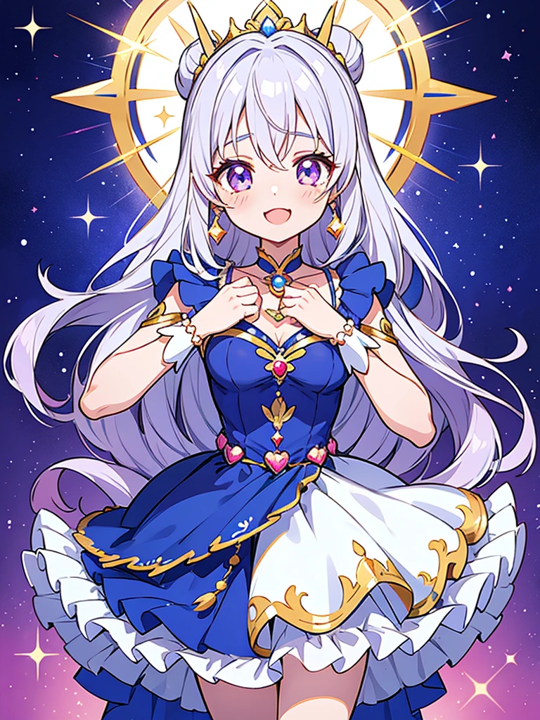 precure style,goddess ishtar,silver hair,ultra glitter young cute girl,Precure style lapis lazuli Gorgeous ruffle dress,Transformation scene,laughter,
