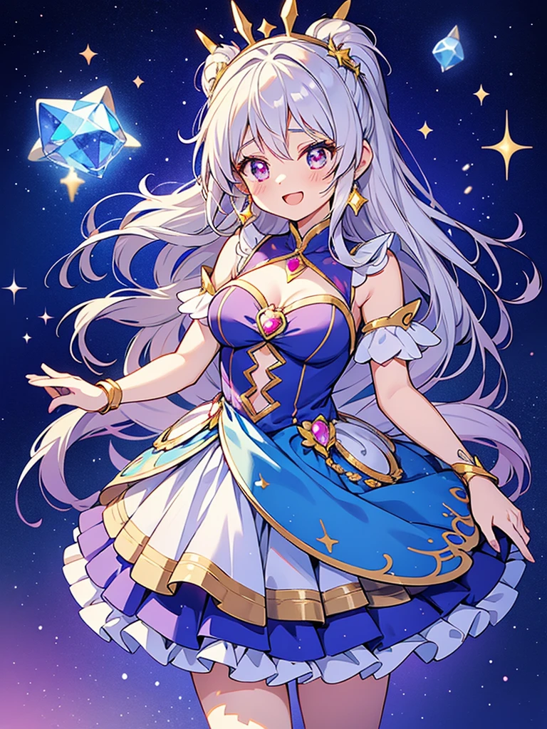 precure style,goddess ishtar,silver hair,ultra glitter young cute girl,Precure style lapis lazuli Gorgeous ruffle dress,Transformation scene,laughter,