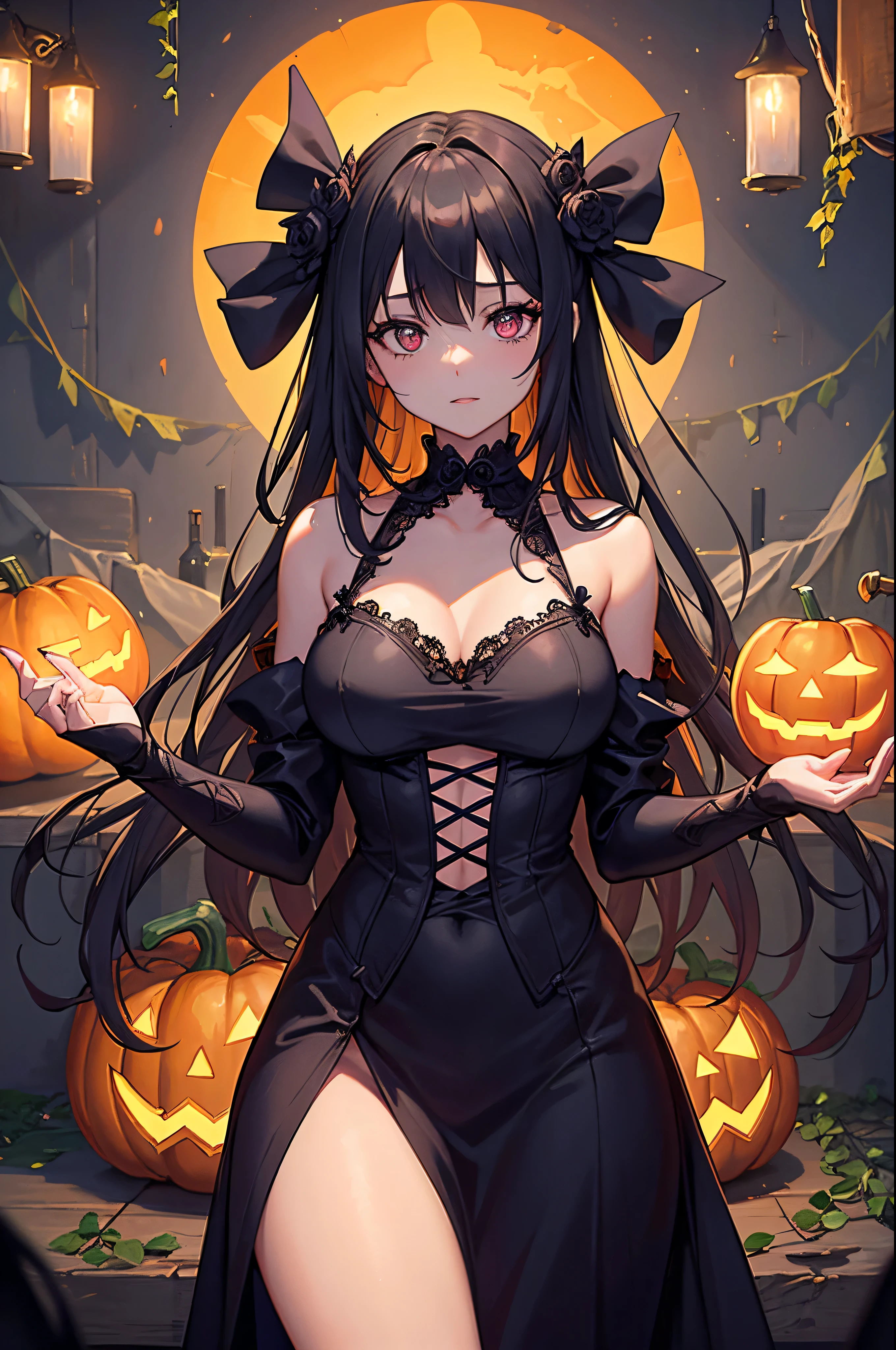 On a pumpkin patch on Halloween night, a girl in a sexy revealing mini witch costume, (show off her curves and skin), stands surrounded by Jack-o-lanterns. The girl's eyes are beautifully detailed, her lips are beautifully detailed, and her face is extremely detailed. She has long eyelashes that enhance her mysterious appearance. The girl is the center of the frame, capturing all attention. The pumpkin patch is filled with vines that resemble tentacles, adding an intriguing and slightly unsettling element to the scene. The overall image quality is top-notch, with the utmost attention to detail. The resolution is 8k, providing every pixel with clarity and sharpness. It's a masterpiece that showcases ultra-detailed craftsmanship. The art style combines vibrant colors and realistic elements, resulting in a captivating piece. The lighting in the scene is carefully arranged, illuminating the girl and the Jack-o-lanterns in a dramatic and alluring way. The color palette is tailored to create a Halloween ambiance. The dominant colors are deep oranges and dark purples, evoking the traditional Halloween colors. The flickering light from the Jack-o-lanterns casts eerie shadows on the girl, enhancing the overall atmosphere of the image.