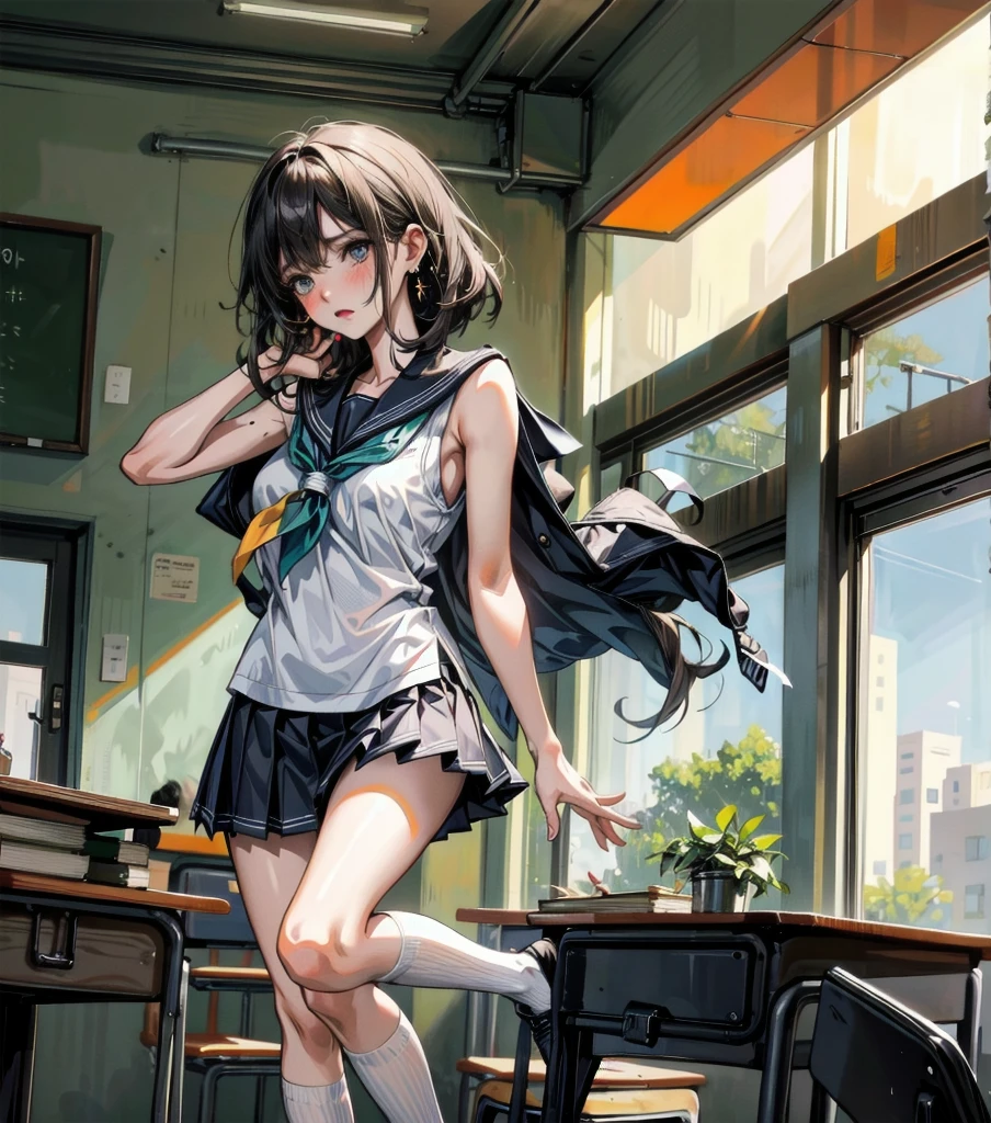 full body, earring, medium hair, medium tits, tearful mole, school_uniform, sailor uniform, sleeveless, school, classroom,