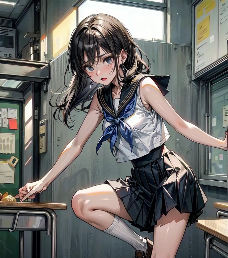 full body, earring, medium hair, medium tits, tearful mole, school_uniform, sailor uniform, sleeveless, school, classroom,